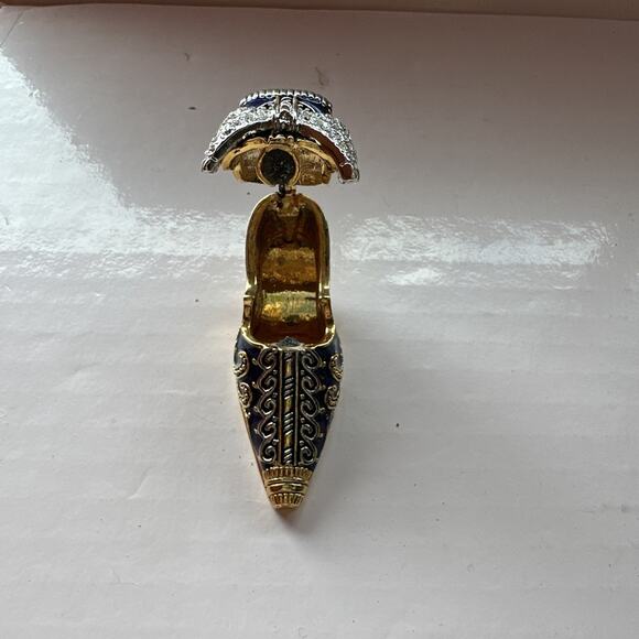 Enameled Set 2 Crystal Bejeweled Cloisonné High Heel Hinged Red Blue Trinket Box - Picture 6 of 14